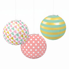 Pastel Paper Lanterns with Polka Dots & Stripes, 9.5-Inch, 3-Pack