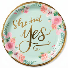 "She Said Yes" Floral 7" Round Metallic Mint Dessert Plates - 8 Pack