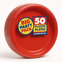 Big Party Pack Apple Red 7" Round Plastic Plates, 50 Count