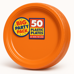 Big Party Pack Round Orange Plastic Dinner Plates, 10-inch, 50 Count