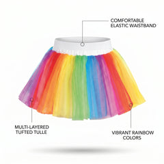 Rainbow Tutu Skirt for Kids - Layered Tulle Costume Accessory with Elastic Waist, Colorful Girls Dance Skirt for Parties, Pride, Halloween, One Size