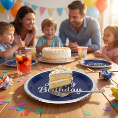 Modern Blue "Happy Birthday" Metallic Lunch Plates - 10.5"