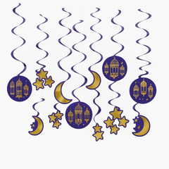 Eid Mubarak Swirl Hanging Decorations - Purple, Gold & Blue