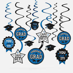 Blue "Congrats Grad" Swirl Hanging Decorations - 12 Pack