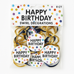 Multi-Coloured & Metallic Gold Happy Dots Birthday Swirl Decorations