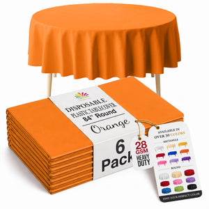 Round Orange Plastic Table Covers | 6 Pack | 84 in.