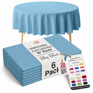 Round Sky Blue Plastic Table Covers | 6 Pack | 84 in.