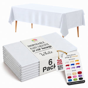 White Plastic Table Covers | 6 Pack | 54 in. x 108 in.