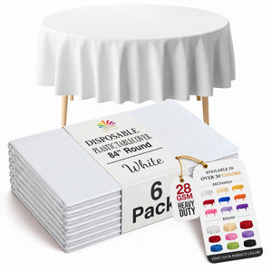 Round White Plastic Table Covers | 6 Pack | 84 in.
