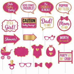 Glitter Pink & Gold Baby Shower Photo Booth Props Set, 21-Piece