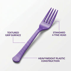 Purple Plastic Forks - Heavyweight Disposable Party Cutlery, 7.5 In. Durable Colored Plastic Silverware for Events, Birthdays, Catering