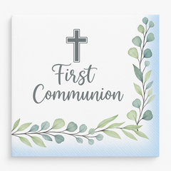 First Communion Beverage Napkins - Blue & White with Silver Cross, 40-Pack
