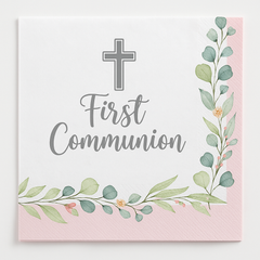 Pink "First Communion" Lunch Napkins with Cross and Floral Design - 40 Pack