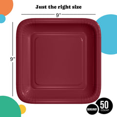 9 In. Burgundy Square Paper Plates - 50 Ct.