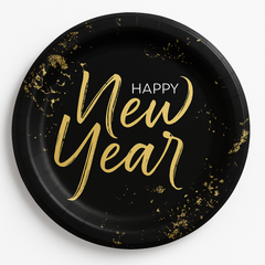 "Cheers For The New Year" 10-Inch Round Paper Plates - Black/Gold, 20-Pack