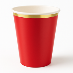 Festive Red 12oz Paper Party Cups with Gold Trim