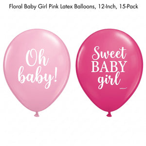 Floral Baby Girl Pink Latex Balloons, 12-Inch, 15-Pack