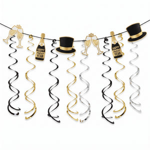 New Year's Eve Top Hat & Swirl Hanging Garland, 9-ft, Black/Gold/Silver