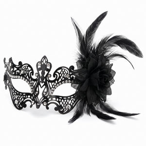Black Filigree Feather Masquerade Mask with Rhinestone Accents