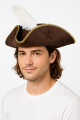 Authentic Brown Tricorn Pirate Hat with Feather - Perfect for Halloween