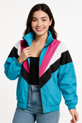 Retro 90s Windbreaker Jacket - Blue/Pink/White, One Size
