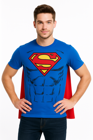 Superman Costume T-Shirt with Cape - Adult S/M (Up to Size 42)