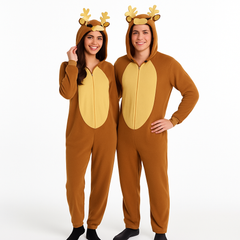 Adult Reindeer Fleece Jumpsuit with Hood - L/XL Size