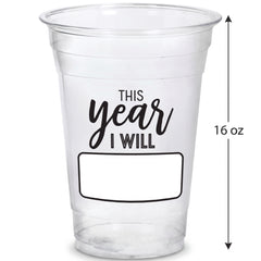 "This Year I Will" Clear Plastic Tumblers, 16 oz, 20 Pack for New Year's Eve