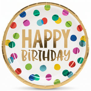 Multicolour Metallic Happy Dots Birthday Dinner Plates, 10.5-Inch, 8-Pack
