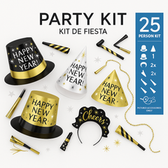 New Year's Eve Party Kit for 25 - Black, Silver, and Gold Celebration Set