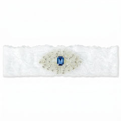 Something Blue Bridal Garter - White Lace Wedding Garter with Sapphire Rhinestone Applique, Plus Size Keepsake Garter for Bride