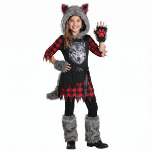 Kids' She-Wolf Halloween Costume with Faux Fur and Plaid Accents