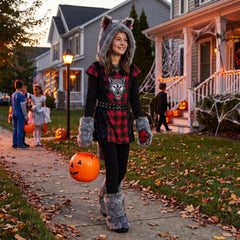 Kids' She-Wolf Halloween Costume with Faux Fur and Plaid Accents