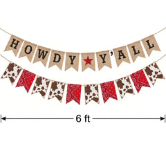 Western Howdy Y'all Banner Set - Reversible Burlap Party Decoration with Cowhide Bandana Garland, Pre-Strung Rustic Cowboy Rodeo Party Decor, 2 Piece, 6 ft