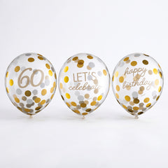Golden 60th Birthday Confetti Latex Balloons, 12-Inch, 6-Pack