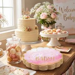 "Oh Baby!" Pink and Gold Scalloped Dinner Plates, 10.5-inch, 8 Pack