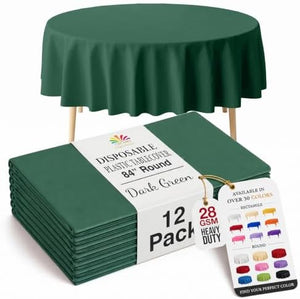 Dark Green Round Plastic Table Covers | 12 Pack | 84 in.