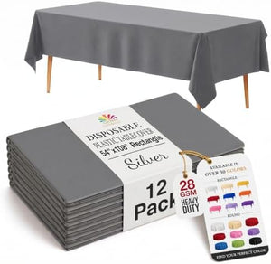 Silver Plastic Table Covers | 12 Pack | 54 in. x 108 in.
