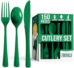 Emerald Green Cutlery Combo Set | 50 Forks 50 Spoons And 50 Knives | 7.5 in.
