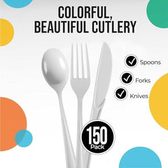 White Cutlery Combo Set | 50 Forks 50 Spoons And 50 Knives | 7.5 in.