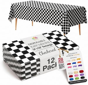Black/White Checkered Plastic Table Covers | 12 Pack | 54 in. x 108 in.
