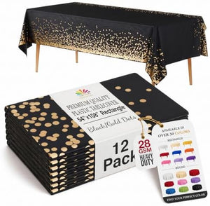 Black & Gold Celebrate Printed Plastic Table Covers | 12 Count | 54 in. x 108 in.