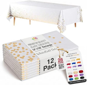 White & Gold Celebrate Printed Plastic Table Covers | 12 Count | 54 in. x 108 in.