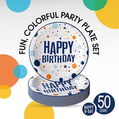 7 in. Blue Birthday Print Paper Plates | 50 Ct.