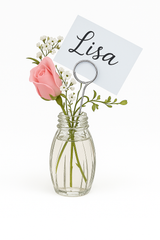 Elegant Glass Place Card Holders with Faux Flowers - Set of 4