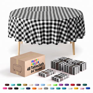 84 in. Round Black/White Checkered Plastic Table Cover | Case of 48
