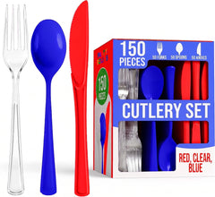 150 Pc. Patriotic Plastic Cutlery Combo Set | Red, White & Blue (Clear Forks)