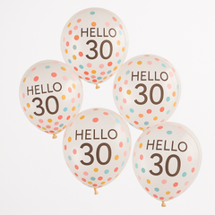 Bright Pastel "Hello 30" Birthday Balloons, 12-Inch, 5-Pack