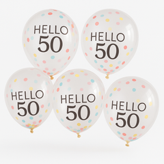 Vibrant Hello 50th Birthday Latex Balloons, Pink Confetti, 12-Inch, 5-Pack