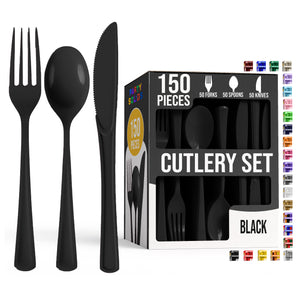 Black Cutlery Combo Set | 50 Forks 50 Spoons And 50 Knives | 7.5 in.